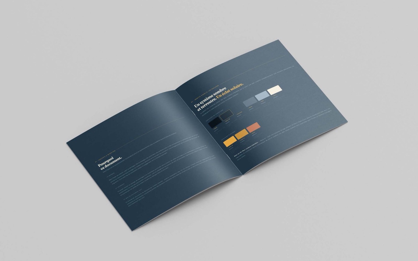 Pages du brandbook Marie Payan, palette et système de couleurs